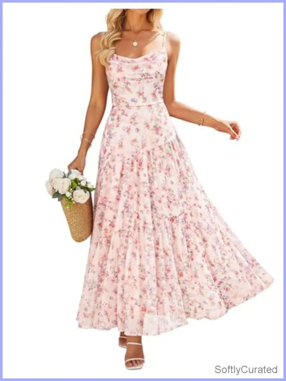Mesh Floral Sleeveless Spaghetti Strap Cowl Neck Maxi Dress with Lining
